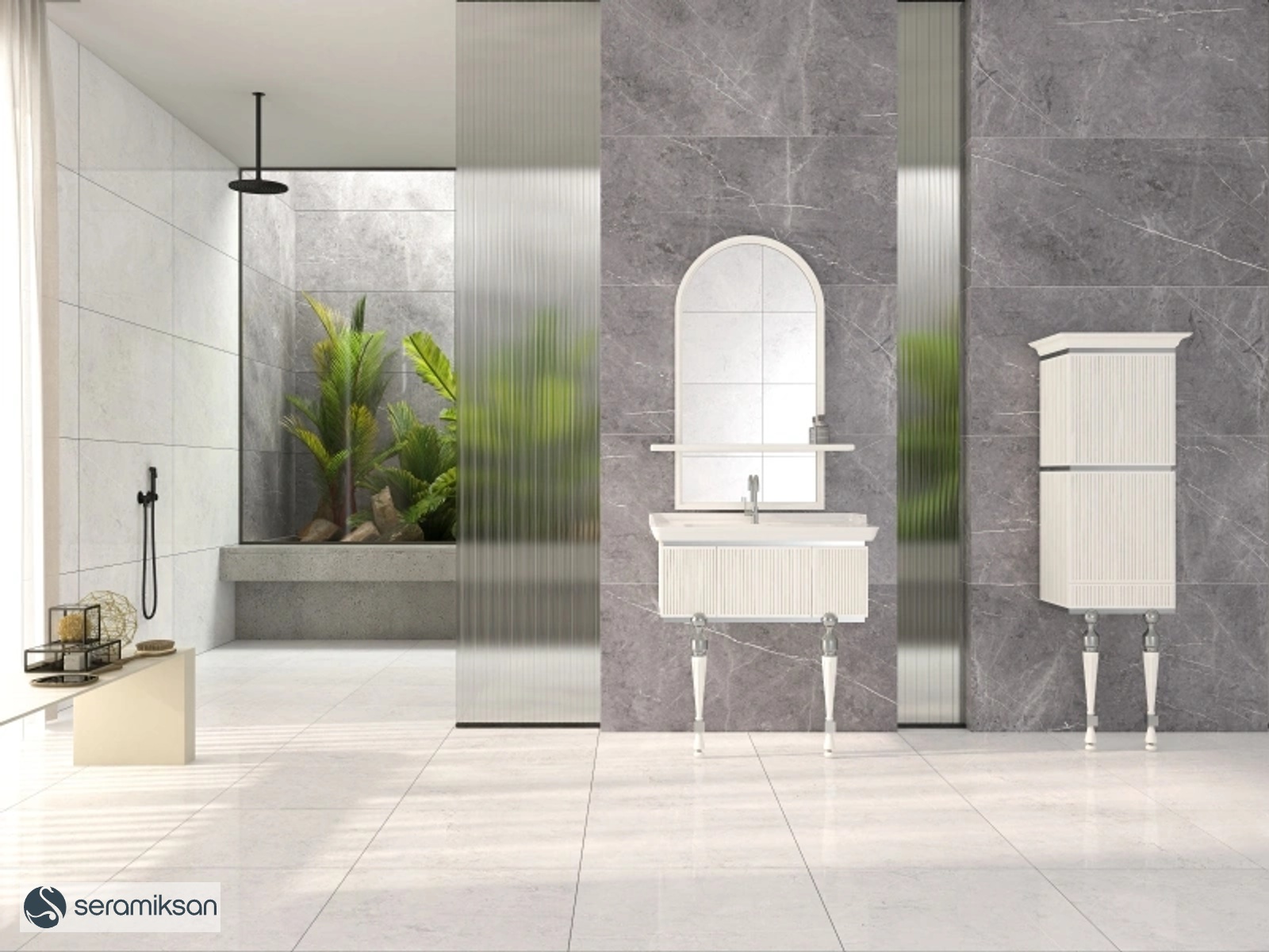 60*120 PALERMO TROPİKAL MOTİF KOYU GRİ